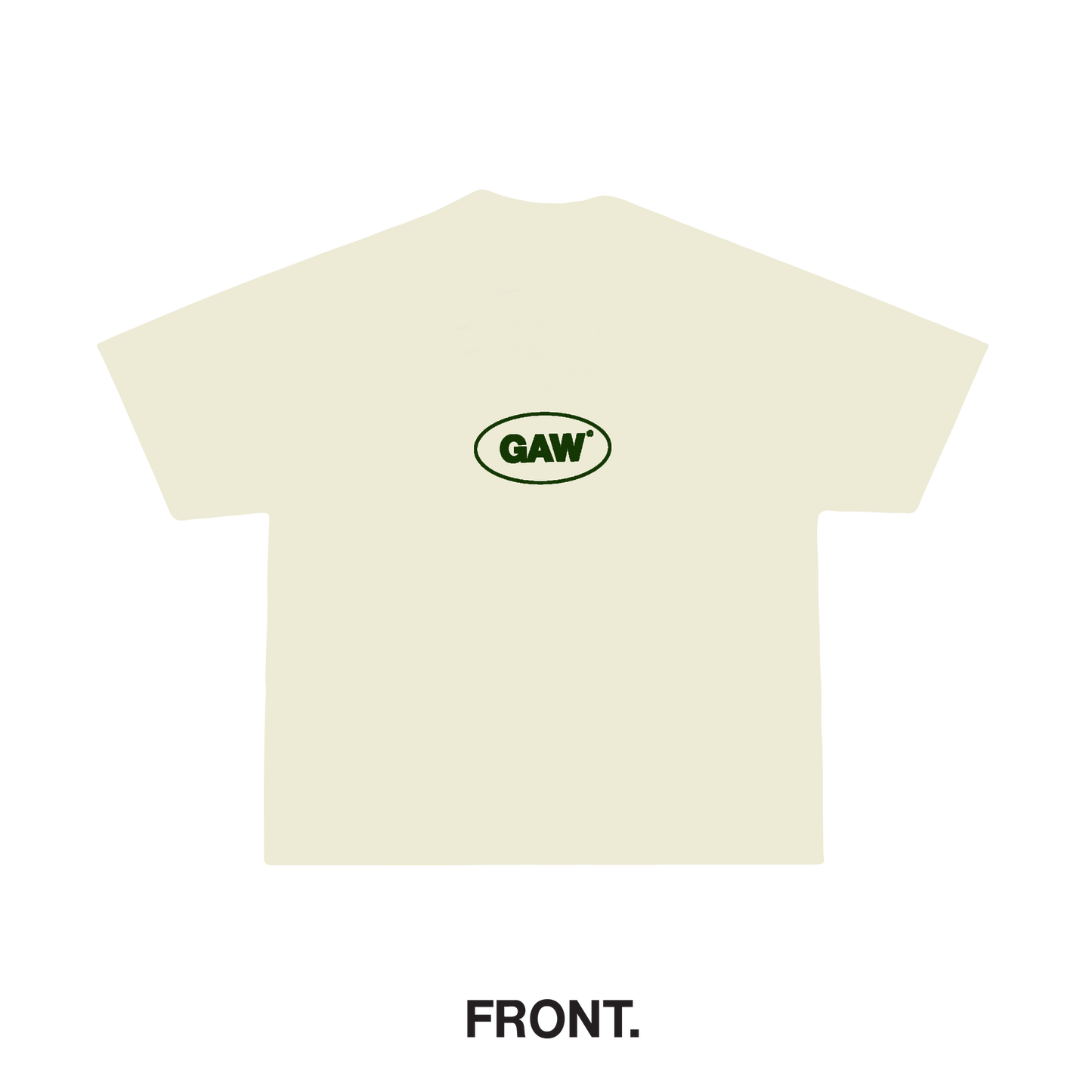 Beige t-shirt with a logo on the chest against a white background