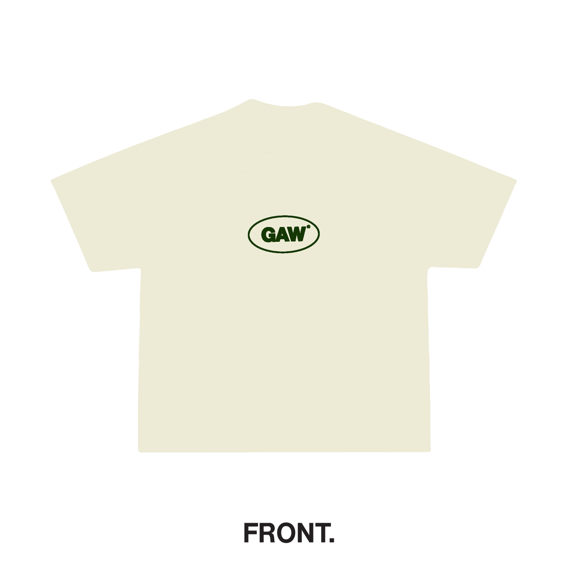 Beige t-shirt with a logo on the chest against a white background